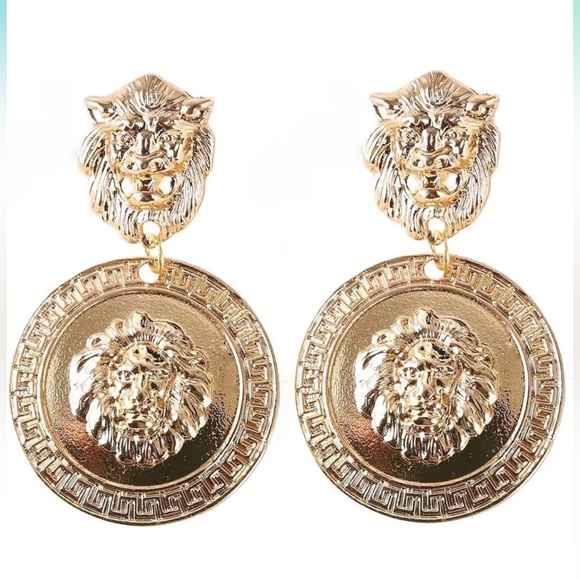 NEW Gold Lion Head Statement Drop Earrings - Picture 2 of 3